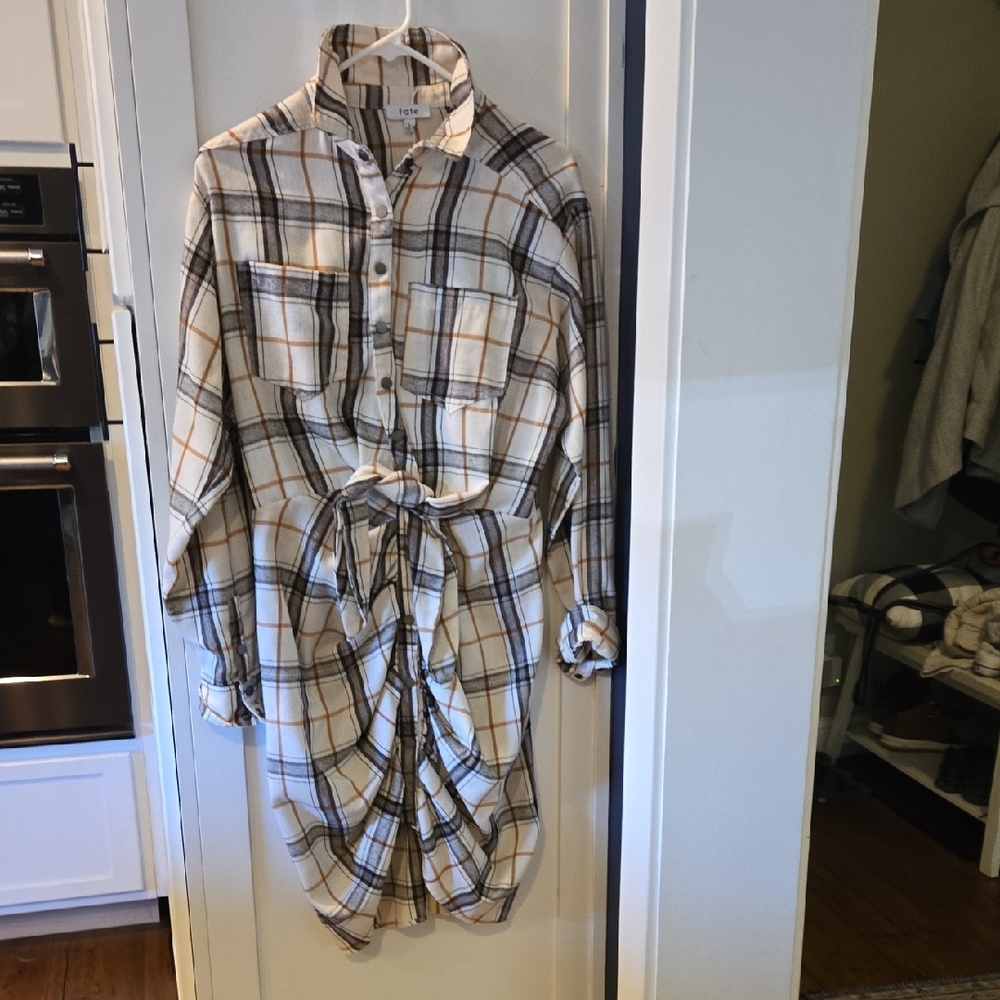 Fate Cream and Black Plaid Shirt Dress